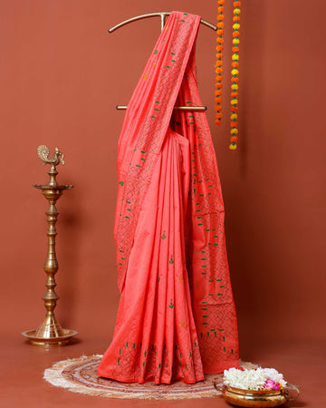 Elegant Kantha Work Saree with Intricate Geometric and Floral Embroidery - Peach