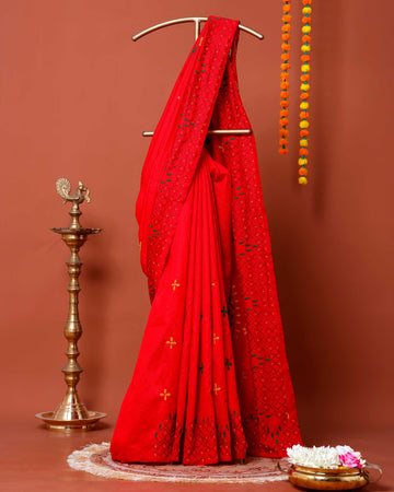 Elegant Kantha Work Saree with Intricate Geometric and Floral Embroidery - Red