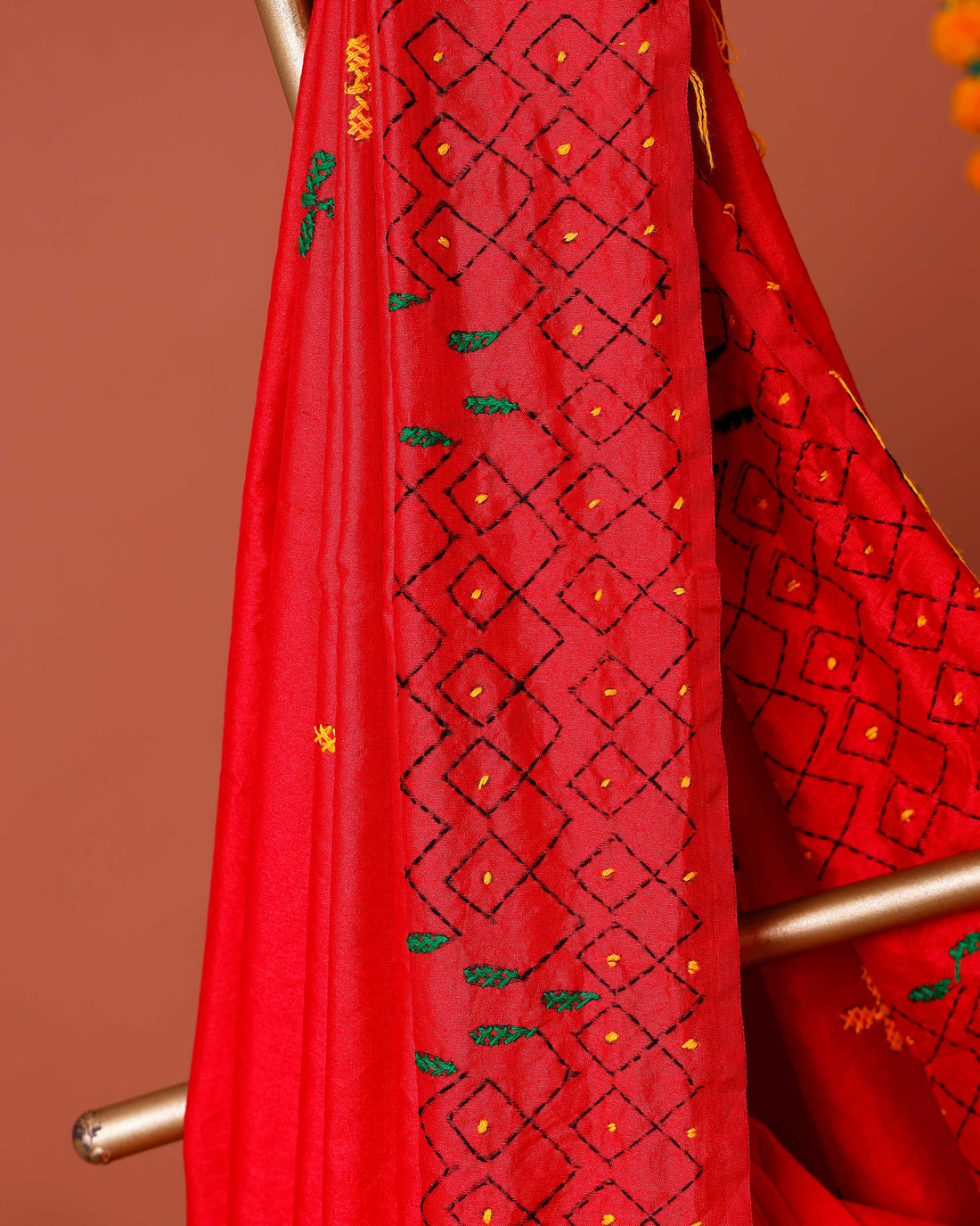 Elegant Kantha Work Saree with Intricate Geometric and Floral Embroidery - Red