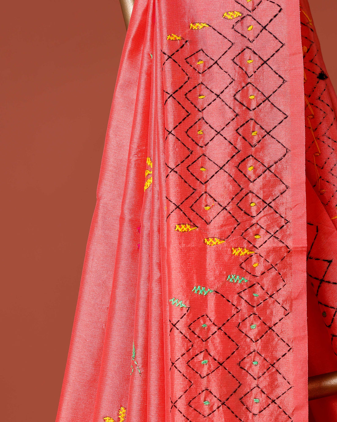 Elegant Kantha Work Saree with Intricate Geometric and Floral Embroidery - Peach