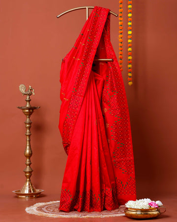 Elegant Kantha Work Saree with Intricate Geometric and Floral Embroidery - Red