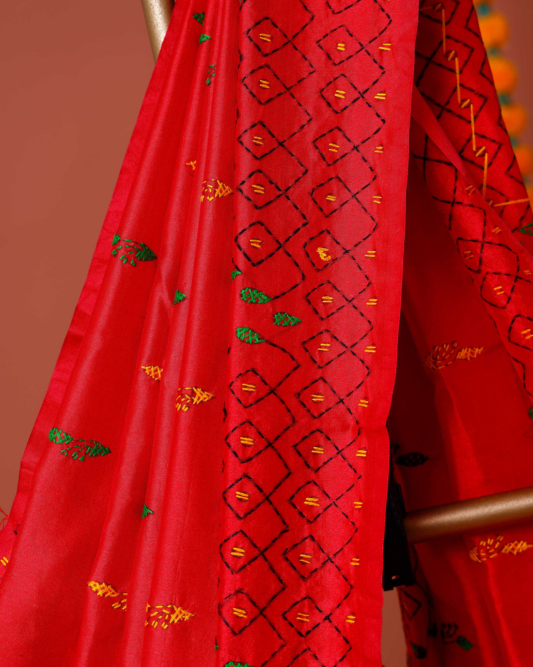Elegant Kantha Work Saree with Intricate Geometric and Floral Embroidery - Red