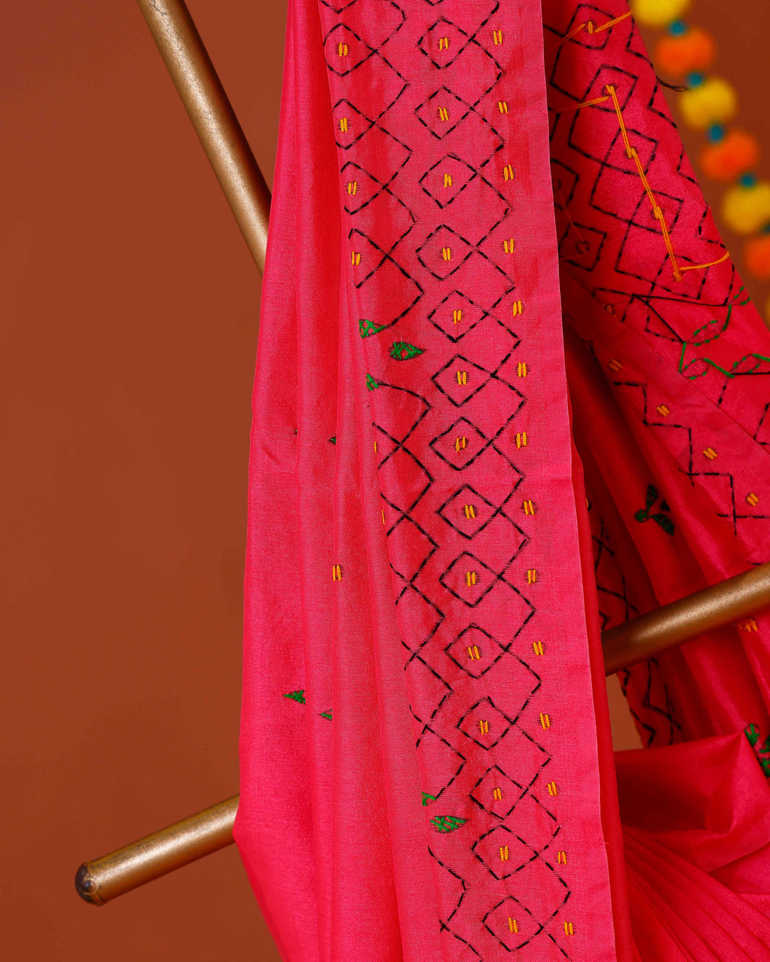 Elegant Kantha Work Saree with Intricate Geometric and Floral Embroidery - Pink