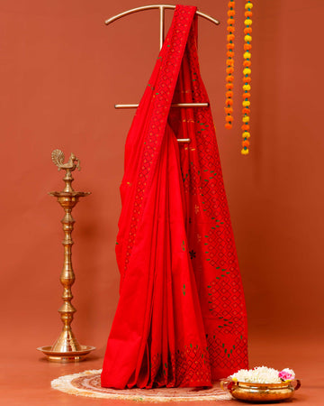 Elegant Kantha Work Saree with Intricate Geometric and Floral Embroidery - Red