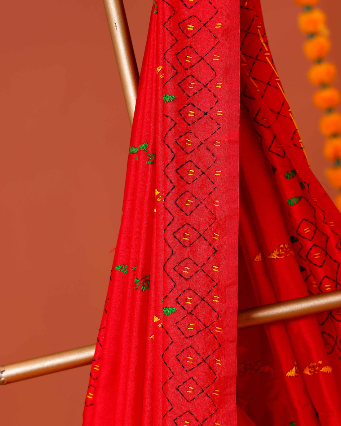 Elegant Kantha Work Saree with Intricate Geometric and Floral Embroidery - Red