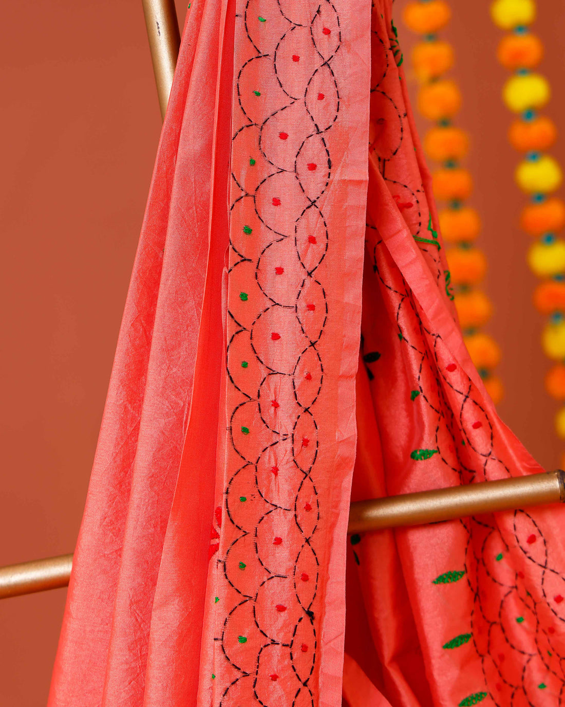 Elegant Kantha Work Saree with Intricate Geometric and Floral Embroidery - Peach