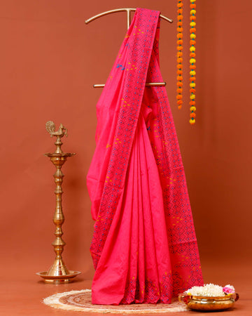 Elegant Kantha Work Saree with Intricate Geometric and Floral Embroidery - Pink