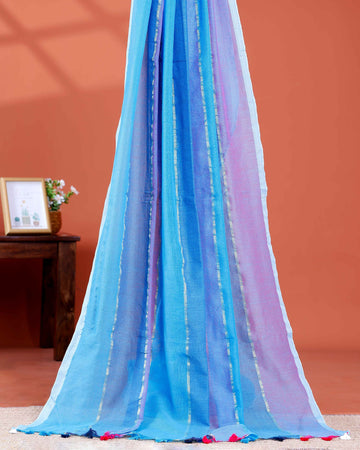 Handwoven Mul Mul Cotton Saree with Bold Striped Pattern and Tassel Detailing – Multi