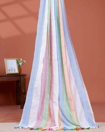 Handwoven Mul Mul Cotton Saree with Bold Striped Pattern and Tassel Detailing – Multi