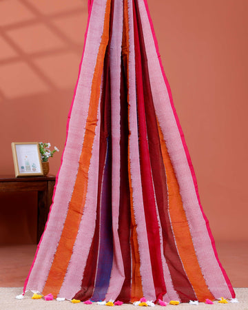 Handwoven Mul Mul Cotton Saree with Bold Striped Pattern and Tassel Detailing – Multi