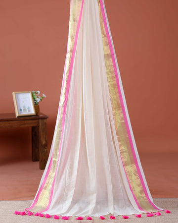 Handwoven Mul Mul Cotton Saree with Subtle Striped Pattern and Contrast Tassel Detailing – White