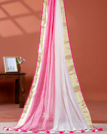 Handwoven Mul Mul Cotton Saree with Subtle Striped Pattern and Contrast Tassel Detailing – White