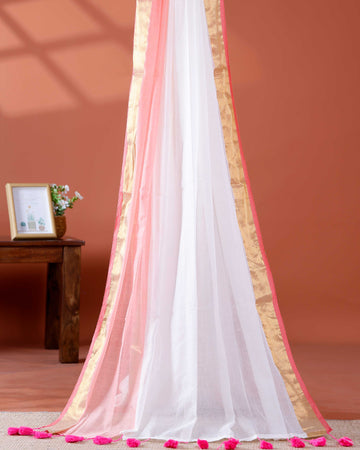 Handwoven Mul Mul Cotton Saree with Subtle Striped Pattern and Contrast Tassel Detailing – White