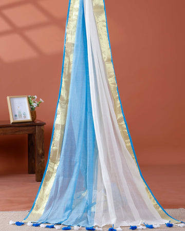Handwoven Mul Mul Cotton Saree with Subtle Striped Pattern and Contrast Tassel Detailing – White