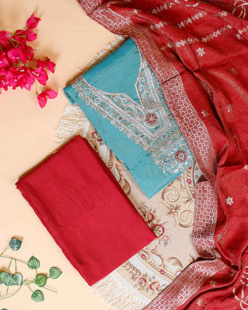 Women's Unstitched Salwar Material with Intricate Embroidery & Matching Dupatta - Blue