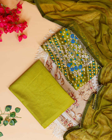 Embroidered Bandhani Print Salwar Suit Material with Zari and Floral Embellishments - Green
