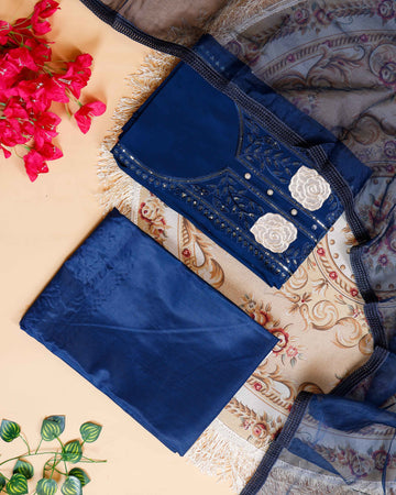 Women's Embroidered Floral Motif Salwar Suit Material with Dupatta - Navy Blue