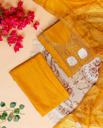 Women's Embroidered Floral Motif Salwar Suit Material with Dupatta - Mustard