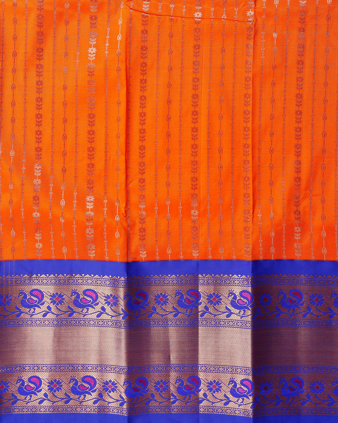 Traditional Weave Kids Pattu Pavadai Material with Peacock and Floral Zari Border - Orange