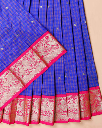 Traditional Kids Pattu Pavadai Material with Zari Woven Checks and Motif Border - Blue