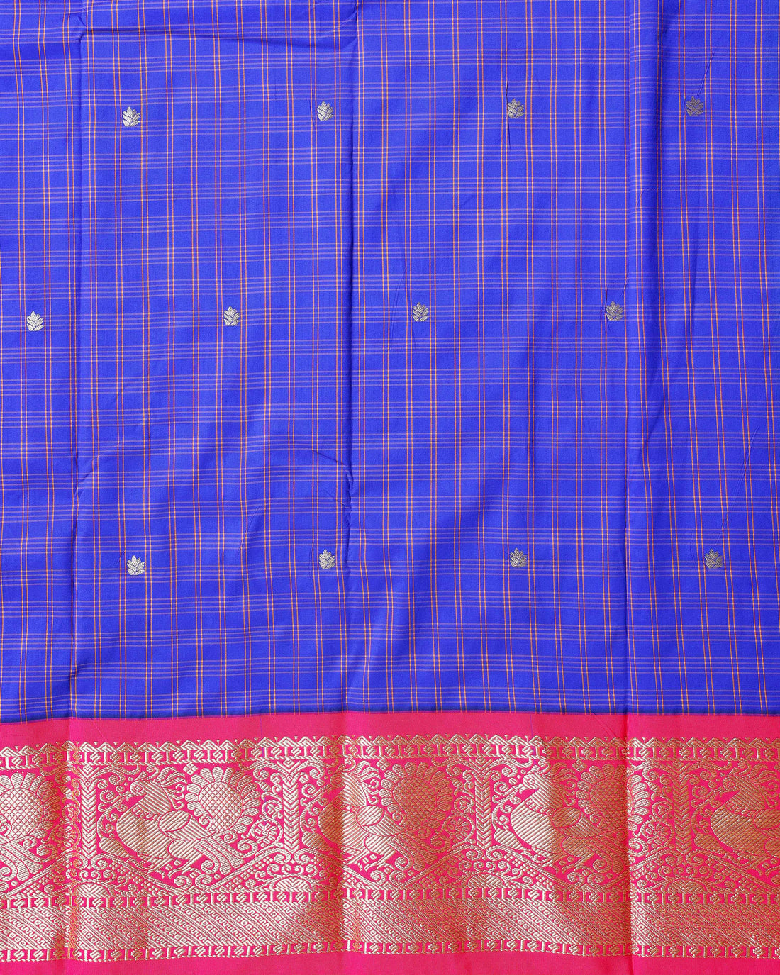 Traditional Kids Pattu Pavadai Material with Zari Woven Checks and Motif Border - Blue