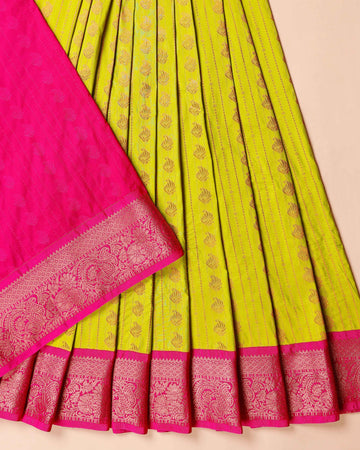 Traditional Kids Pattu Pavadai Material with Intricate Zari Weave Border - Green