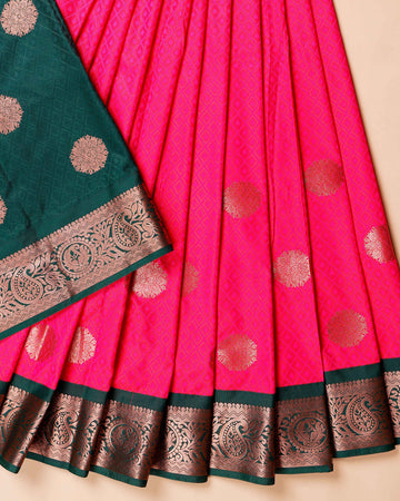 Traditional Kids' Pattu Pavadai with Intricate Zari Border & Buttas - Pink