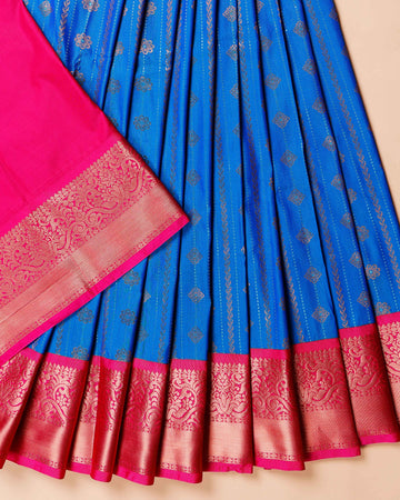 Kids' Traditional Pattu Pavadai Material with Zari Weave & Temple Border - Blue