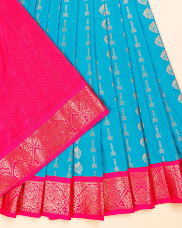 Traditional Pattu Pavadai Material for Kids with Intricate Zari Weaving - Blue