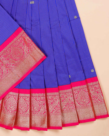 Traditional Pattu Pavadai Material with Zari Border and Checks Pattern - Blue