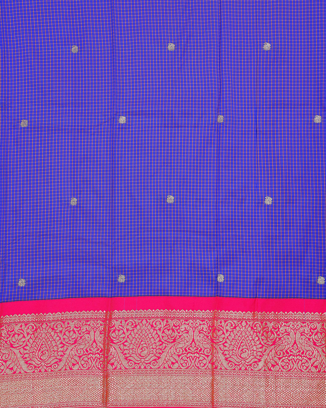 Traditional Pattu Pavadai Material with Zari Border and Checks Pattern - Blue