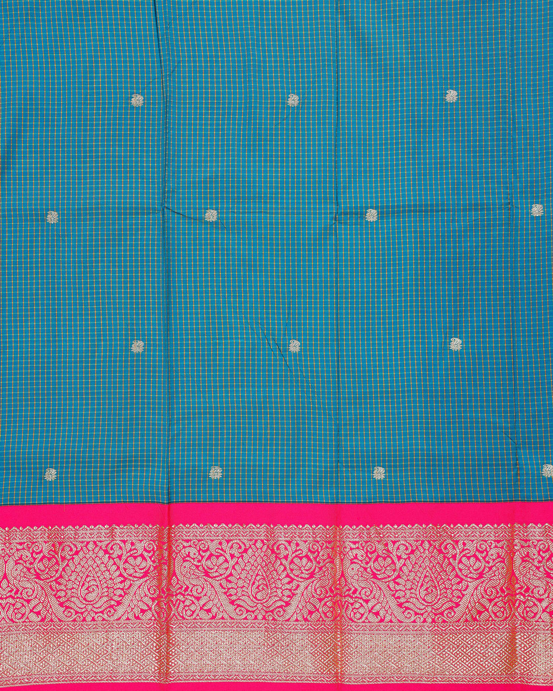 Traditional Pattu Pavadai Material with Zari Border and Checks Pattern - Teal
