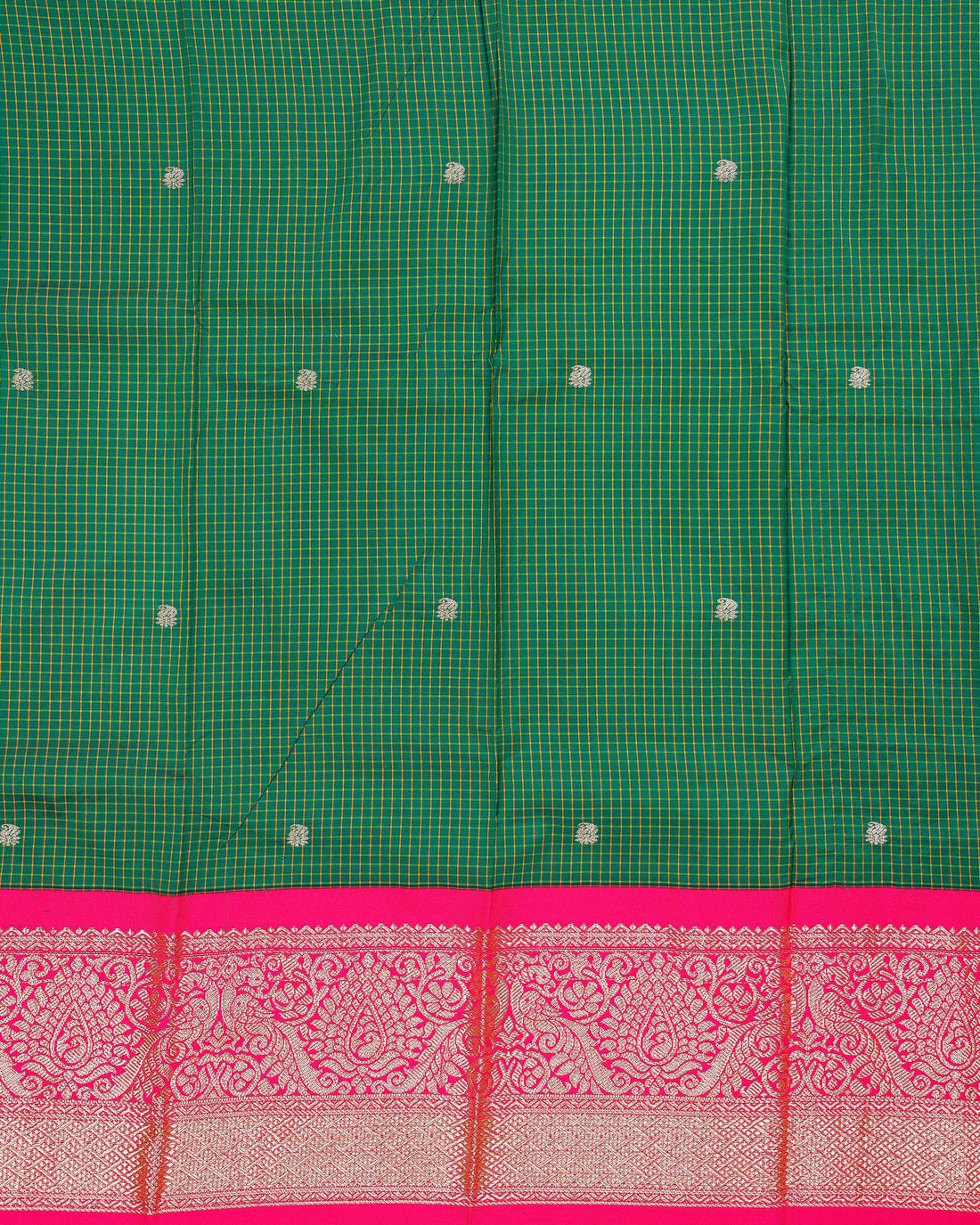 Traditional Pattu Pavadai Material with Zari Border and Checks Pattern - Green