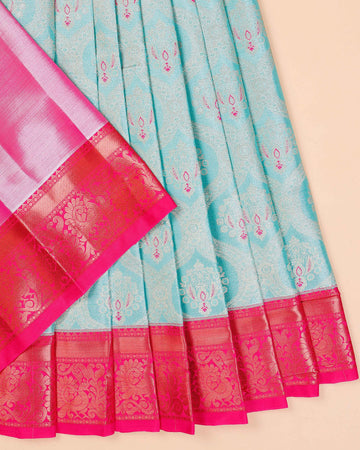 Traditional Pattu Pavadai Material with Floral and Paisley Designs - Sky Blue