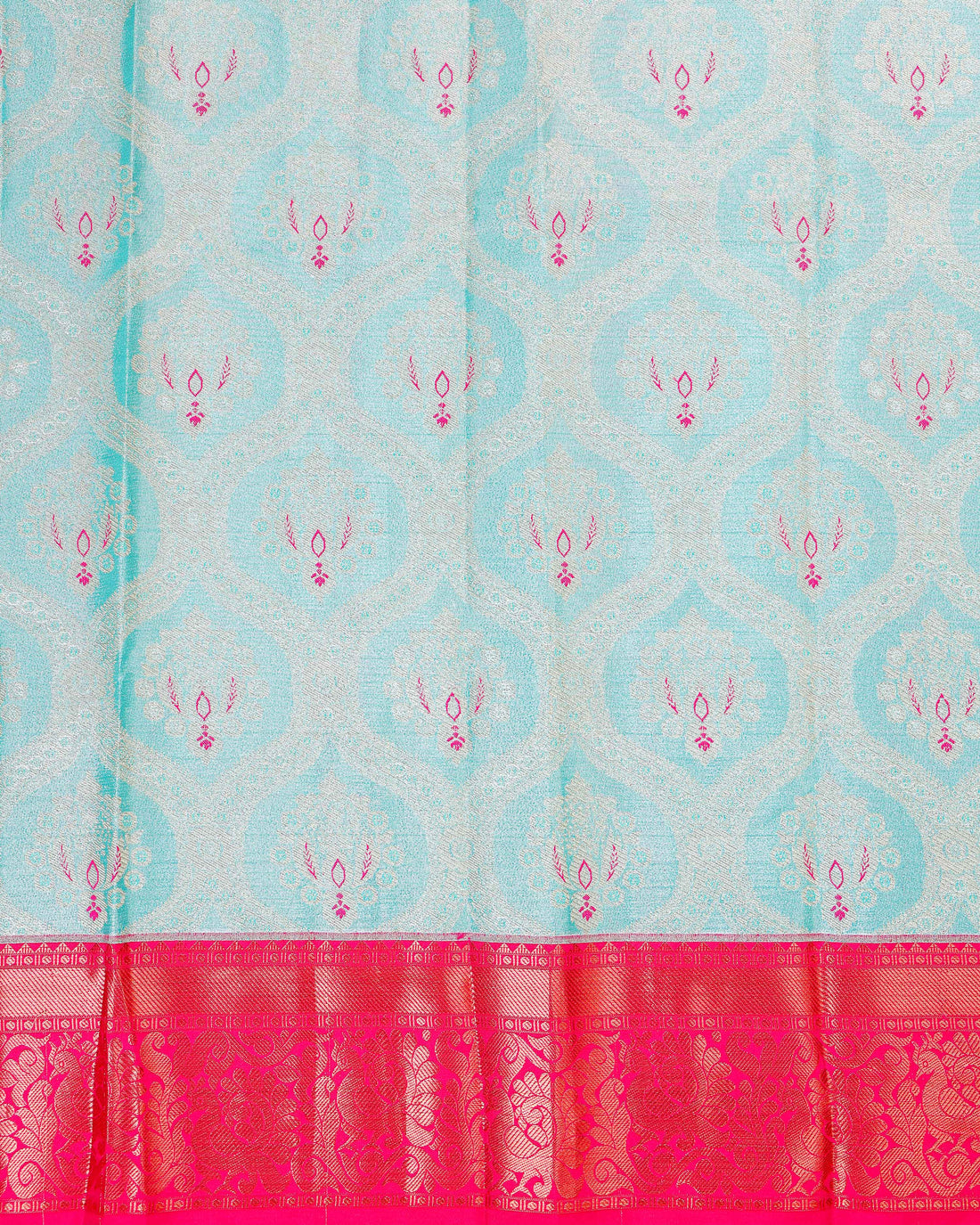 Traditional Pattu Pavadai Material with Floral and Paisley Designs  - Sky Blue
