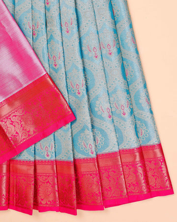 Traditional Kids Pattu Pavadai Material with Zari Motifs and Intricate Border - Blue