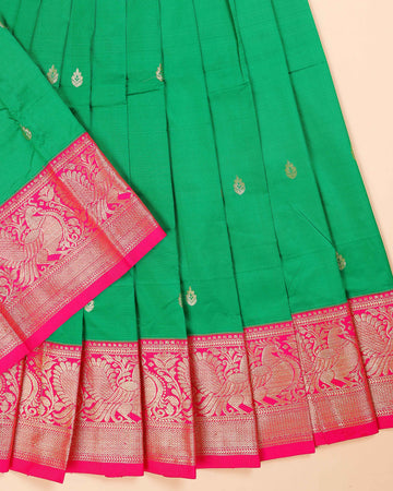 Traditional Kids Pattu Pavadai Material with Traditional Zari Woven Border and Motifs - Green