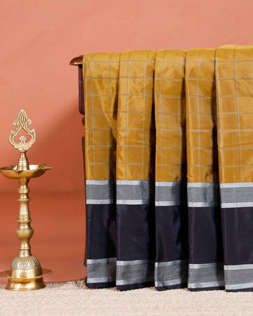 Elegant Soft Silk Saree with Woven Checks and Contrast Border - Olive Green