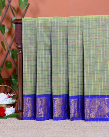 Traditional Chettinad Cotton Saree with Woven Checks and Peacock Motif - Green