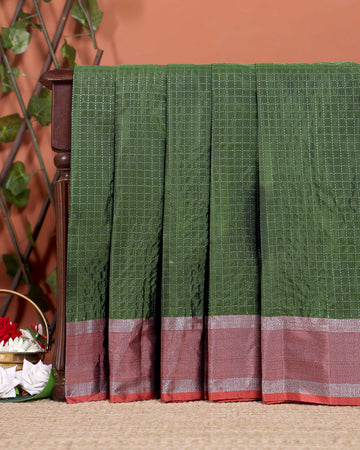 Classic Checks Soft Silk Saree with Intricate Weave Border - Green