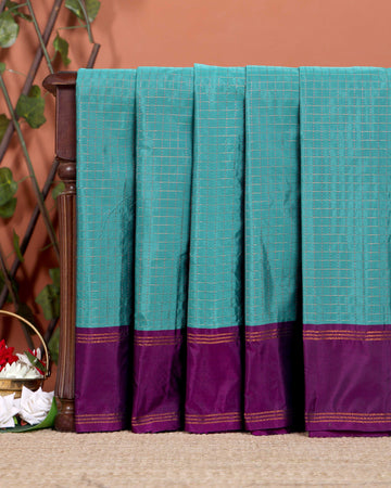 Classic Checks Soft Silk Saree with Intricate Weave Border - Turquoise