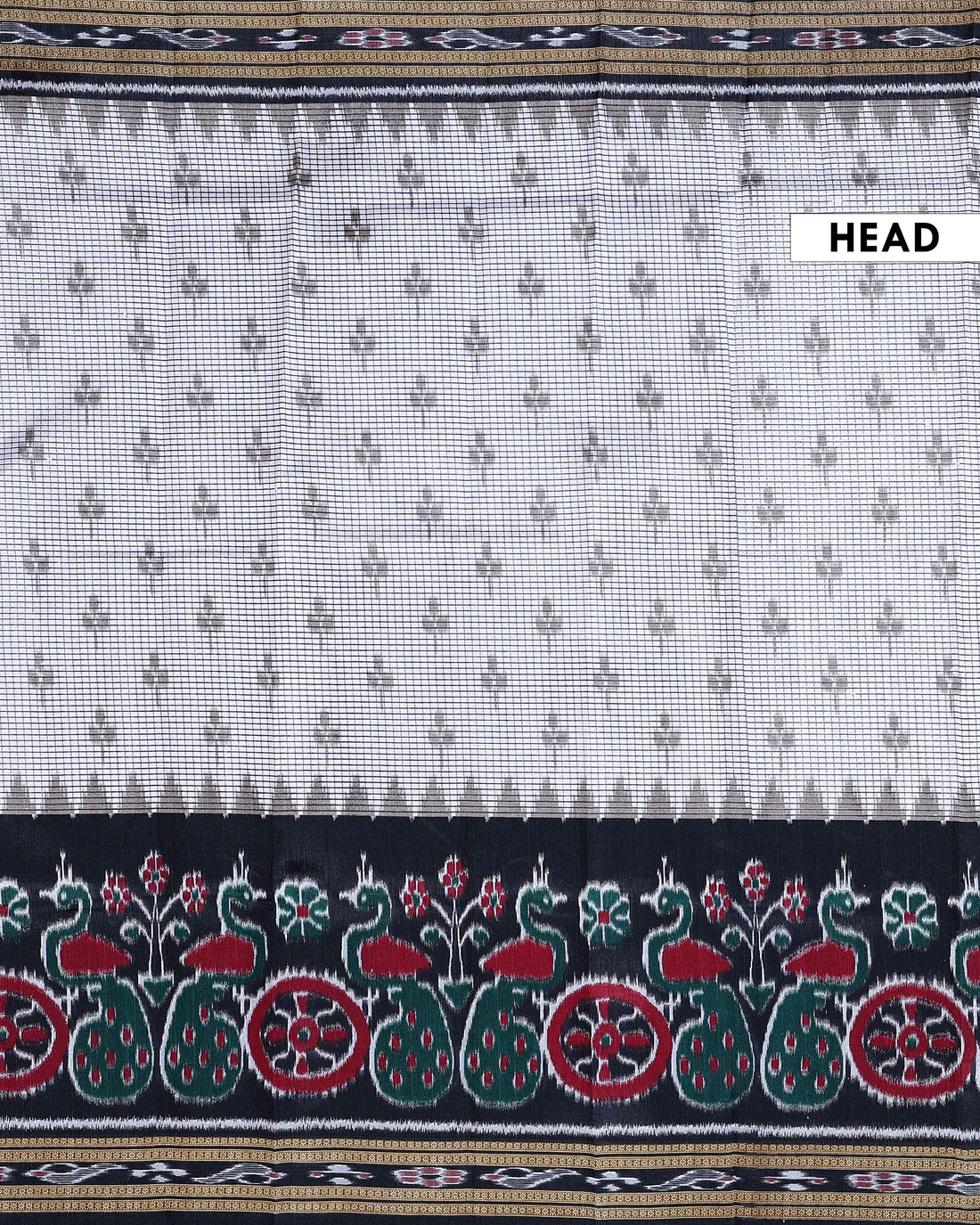 Classic Pochampally Ikkat Handloom Saree with Temple Border and Peacock Design - Off White