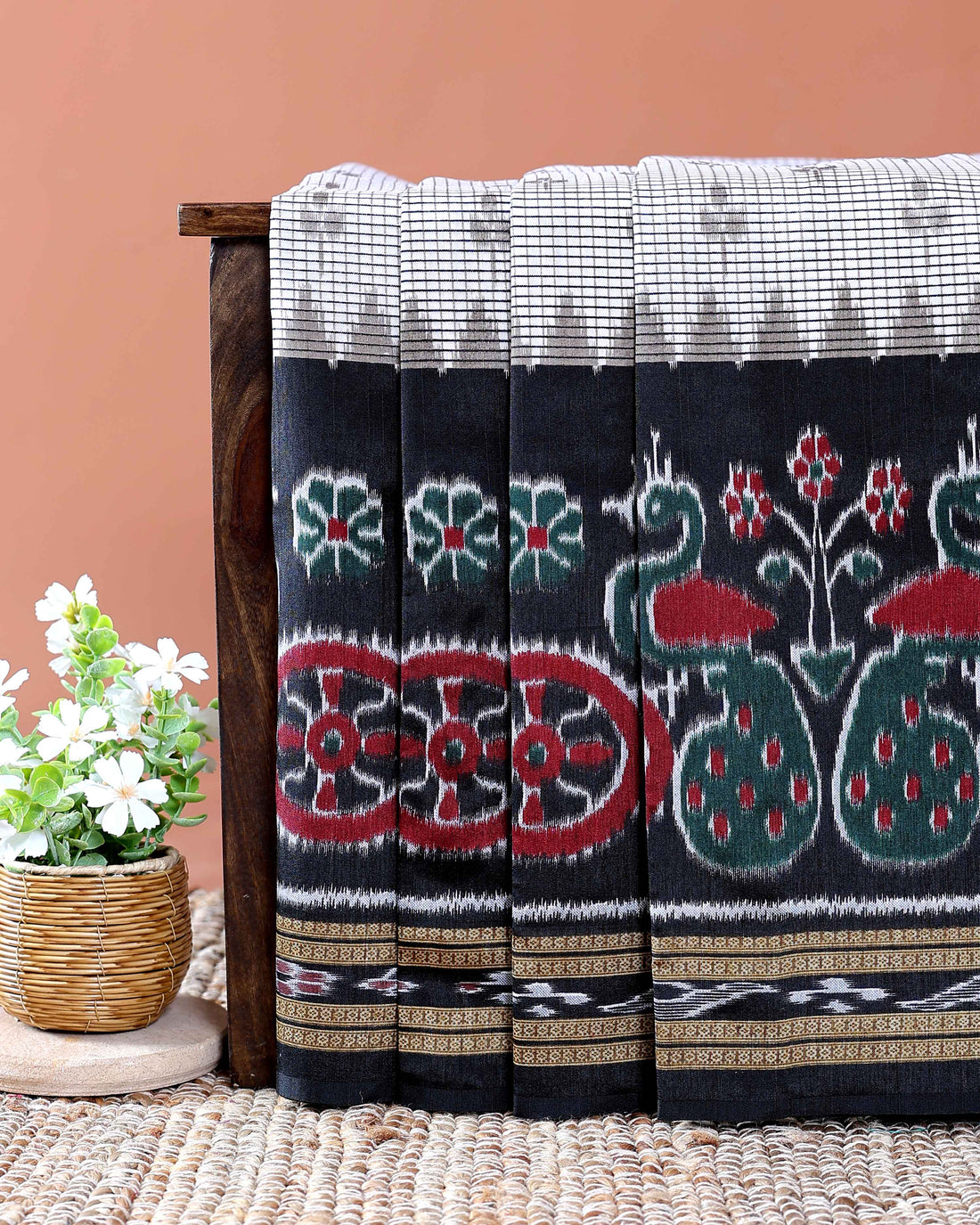 Classic Pochampally Ikkat Handloom Saree with Temple Border and Peacock Design - Off White