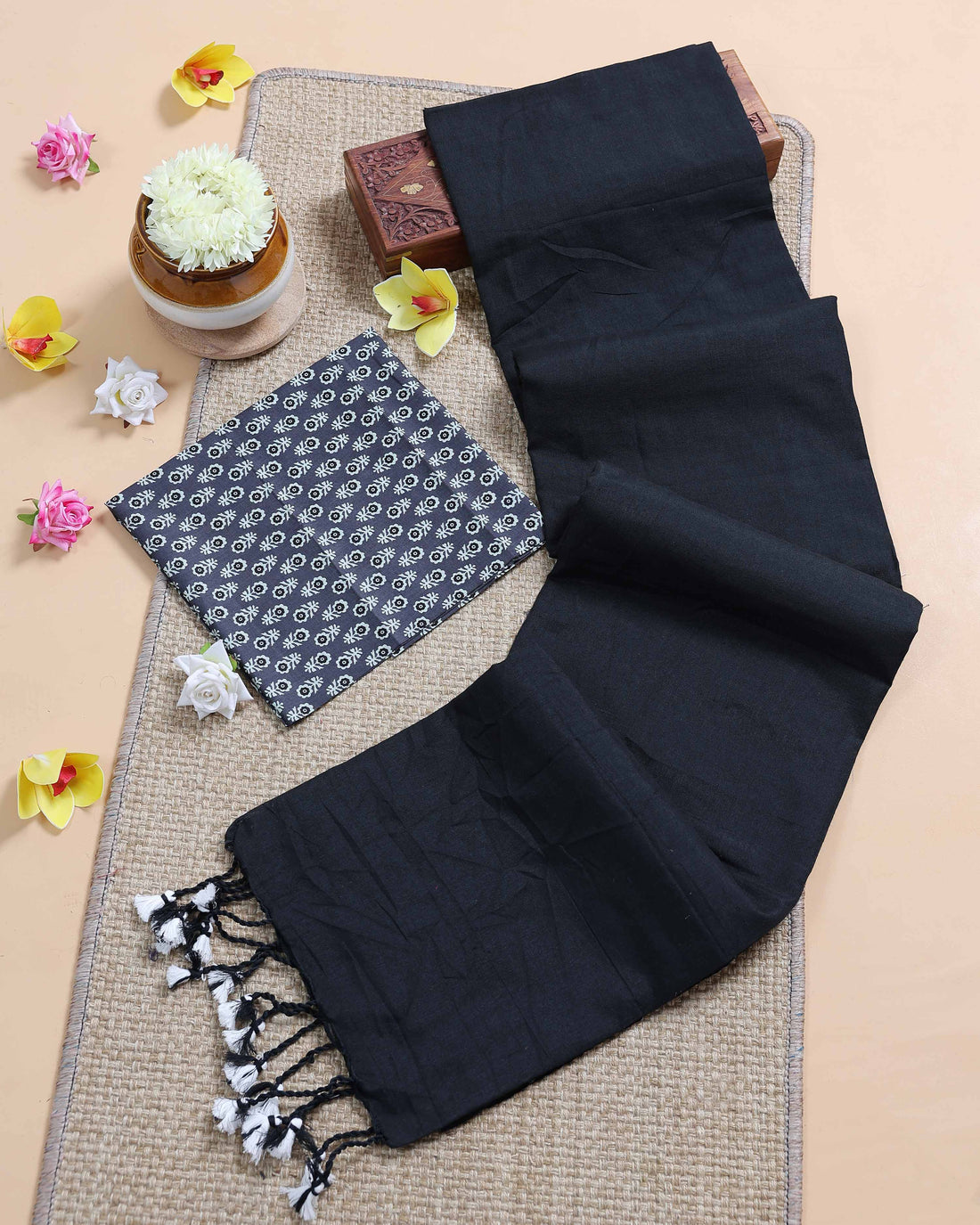 Traditional Khadi Cotton Saree with Contrast Printed Blouse and Tassel Accents - Black