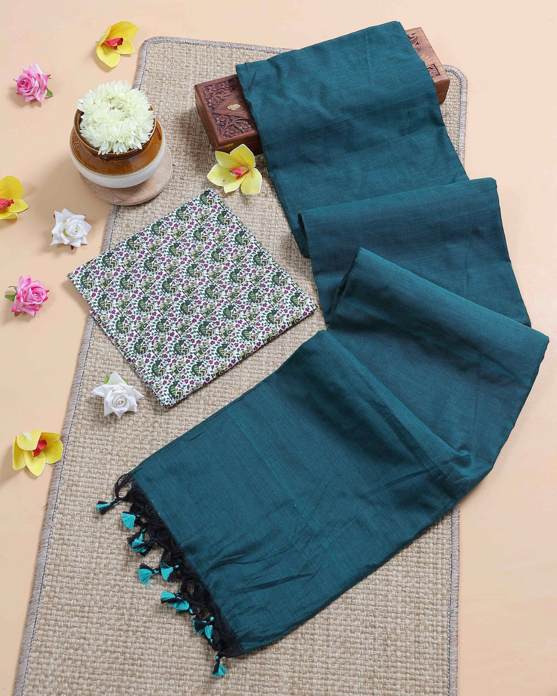 Traditional Khadi Cotton Saree with Contrast Printed Blouse and Tassel Accents - Teal
