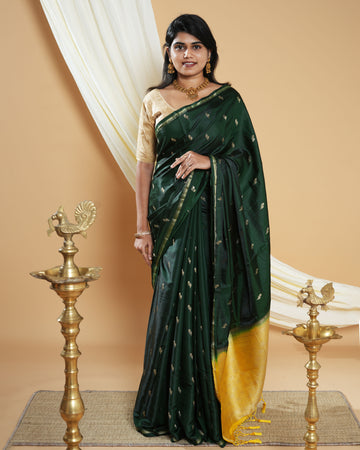Elegant Handwoven Banarasi Silk Saree Accented with Subtle Zari Buttas and a Classic Zari Border - Green