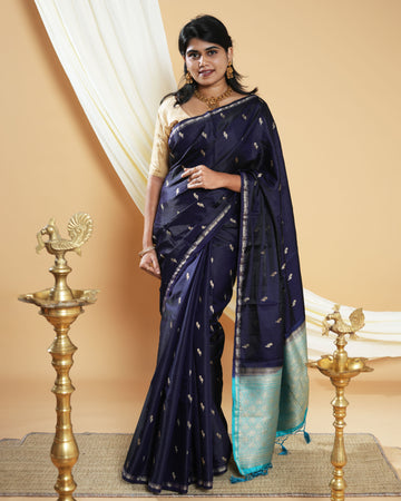 Elegant Handwoven Banarasi Silk Saree Accented with Subtle Zari Buttas and a Classic Zari Border - Navy Blue