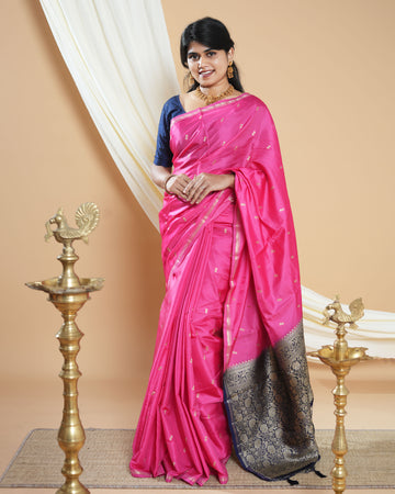 Elegant Handwoven Banarasi Silk Saree Accented with Subtle Zari Buttas and a Classic Zari Border - Pink