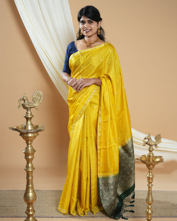 Elegant Handwoven Banarasi Silk Saree Accented with Subtle Zari Buttas and a Classic Zari Border- Light Yellow