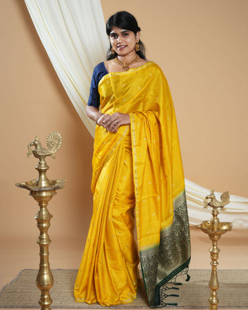 Elegant Handwoven Banarasi Silk Saree Accented with Subtle Zari Buttas and a Classic Zari Border- Dark Yellow